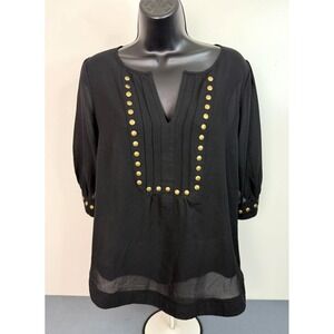 41 Hawthorn Black V-Neck Chiffon Gold Studded Short Sleeve Blouse Medium